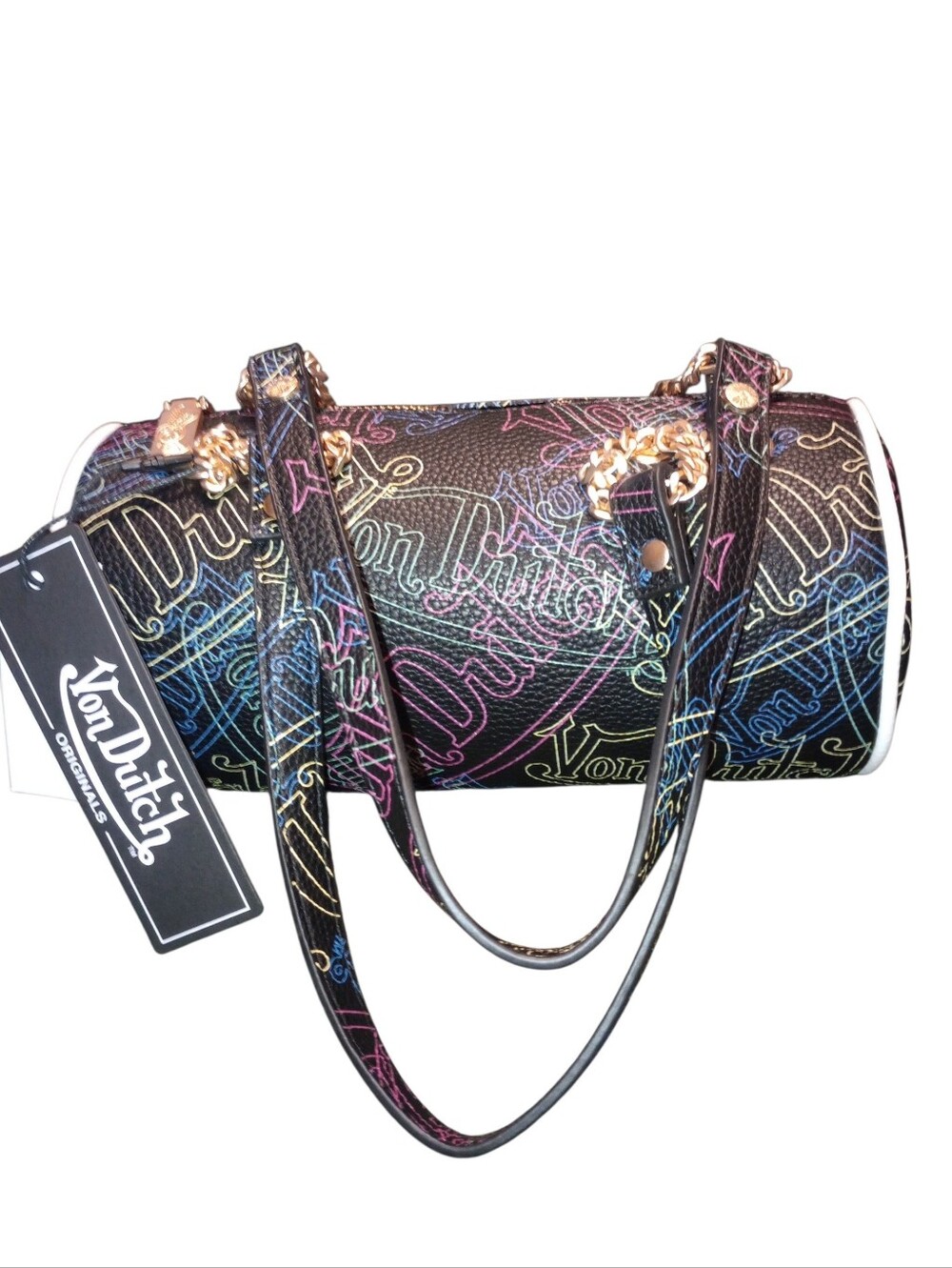 Von Dutch Black Barrel Bag with Multicolor Neon Logo, NWT